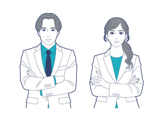 腕組みをして考える白衣姿の男女