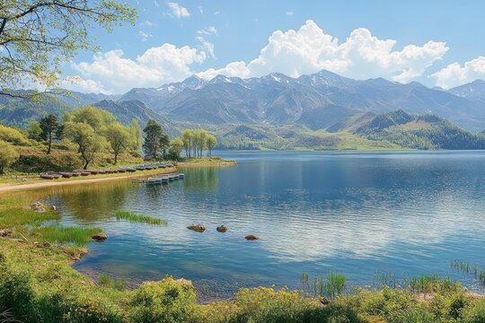 Scenic View of Zeribar Lake Mountains Nature in Kurdistan Iran Blue Sky Water Landscape