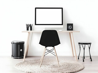 Modern minimalist home office workspace features a desktop computer, black chair, and small side table on a beige rug, with black accessories.