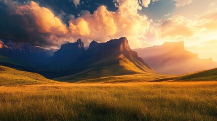Beautiful mountain landscape showcasing fields and dramatic sunset clouds in view