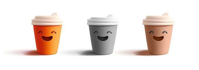 Set of fun colored coffee cups with lids, 3D. For coffee advertising concepts, hot drinks. Cheerful emojis, funny, crazy. Icons isolated on white background. Vector illustration.