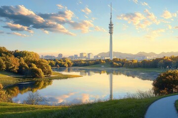 Obraz premium Munich Olympic Park at Sunset with Communication Tower and Lake
