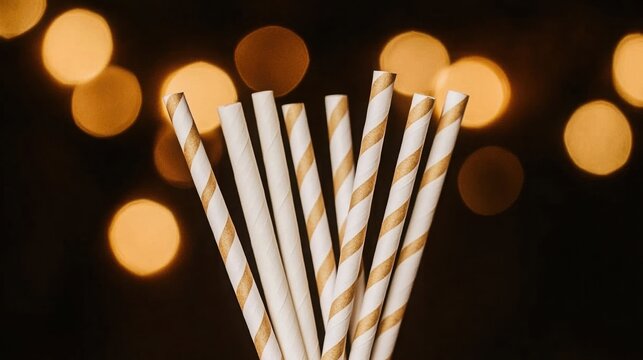 Golden striped paper straws with bokeh background creating a festive atmosphere ideal for party decorations or celebration events photography