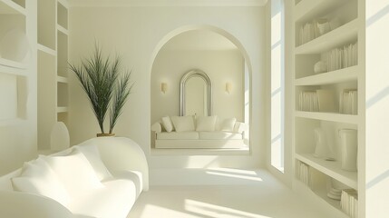 87.A serene living room with an elegant white color palette, an arched mirror mounted on the wall, and built-in shelving units displaying a few tasteful decor pieces, all creating a peaceful,