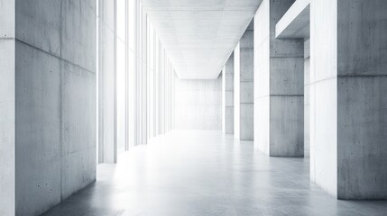 Fototapeta premium Modern concrete hall with glowing windows, embodying simplicity and clean minimalism in architectural design. 