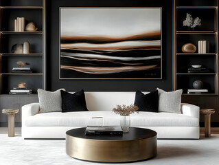 Abstract Landscape Painting Adorns Modern Living Room with White Sofa and Gold Accents, Featuring Stylish Decor and a Calm Atmosphere