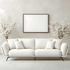 3D Render of Minimalist Living Room with White Sofa, Blank Frame, and Blooming Branches