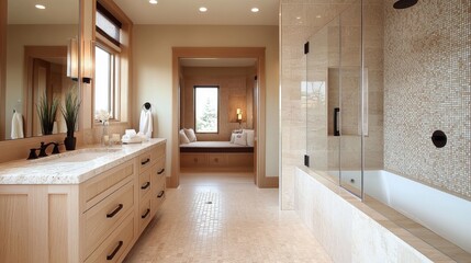 93.A chic bathroom showcasing a light wood cabinet with clean lines, a walk-in shower adorned with polished marble tiles, and black matte faucets, creating a perfect contrast against the light, airy