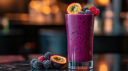 Vibrant purple smoothie garnished with fresh berries and passion fruit