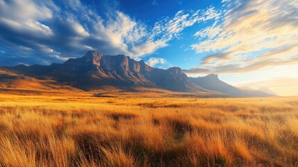 Obraz premium A stunning scenic panorama of mountains and grasslands under a bright sky