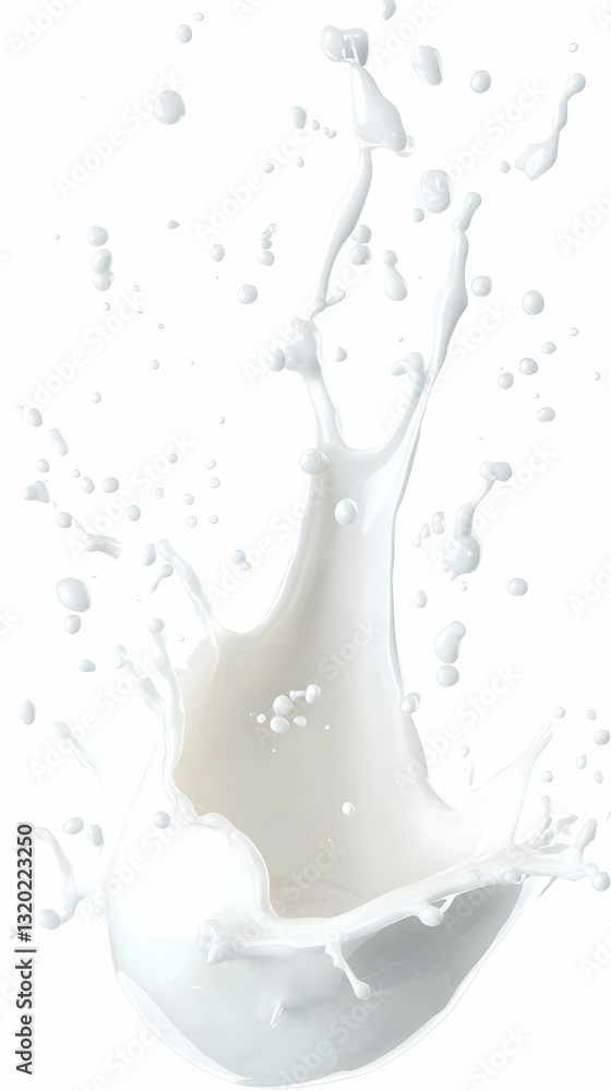 Poster 3d render of a milk splash: dynamic white liquid exploding in air with numerous droplets, creating a