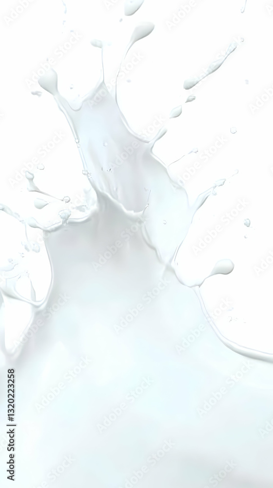 Poster 3d render of a milk splash: white liquid exploding with dynamic splashes and droplets against a clea