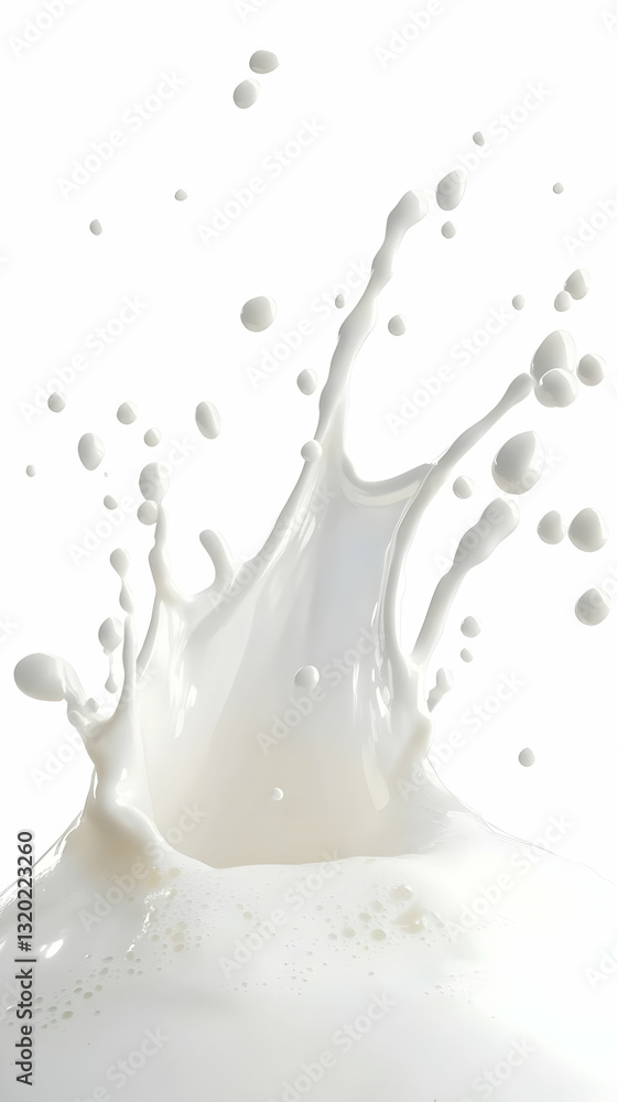 Poster 3d render of milk splashing dynamically against white background