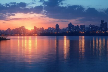 Fototapeta premium Twilight Reflections Over Mumbai Skyline at Night