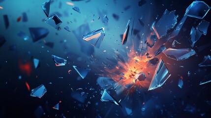 98.A realistic illustration of broken glass shattering into sharp fragments, with transparent pieces flying in various directions against a dark, contrasting background, capturing the violent
