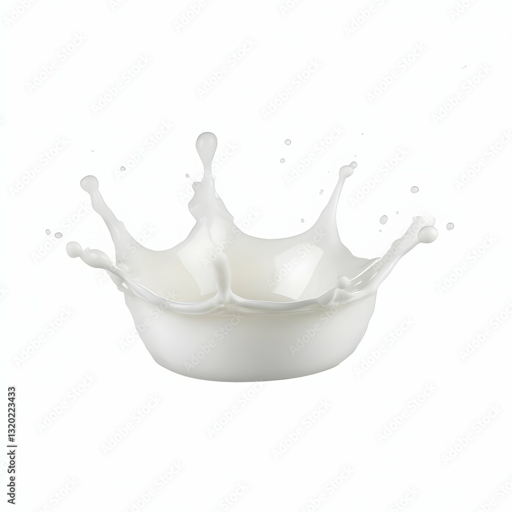 Poster milk splashing in a crown shape, creating a dynamic and visually appealing image on a white backgrou