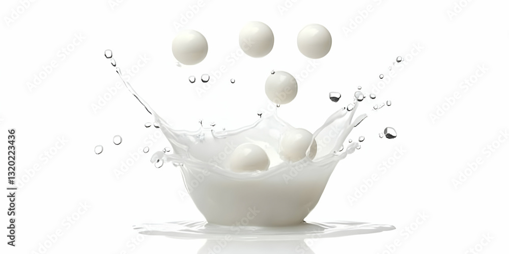Poster white spheres falling into a milk splash, creating a dynamic 3d render of liquid motion and creamy t