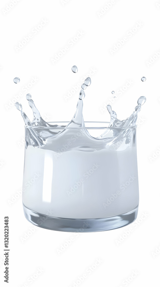 Poster 3d render of milk splashing into a glass, creating a dynamic and refreshing image