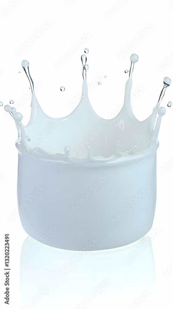 Poster 3d render of milk splashing into a bowl, creating a crown-shaped wave with droplets on white backgro
