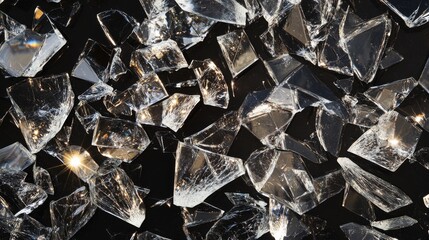 101.A visual of broken glass, with fragments scattering in all directions, each piece catching light and reflecting its surroundings, set against a black background to accentuate the dramatic