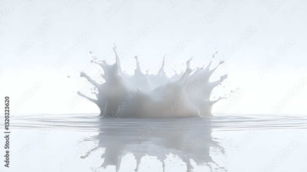 Poster 3d render of a liquid splashing into a still surface, creating a crown-shaped wave with symmetrical 