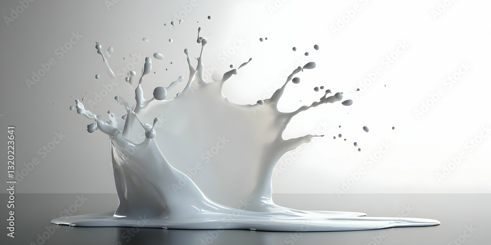 Poster 3d render of a white liquid splashing dynamically on a surface, creating an abstract background