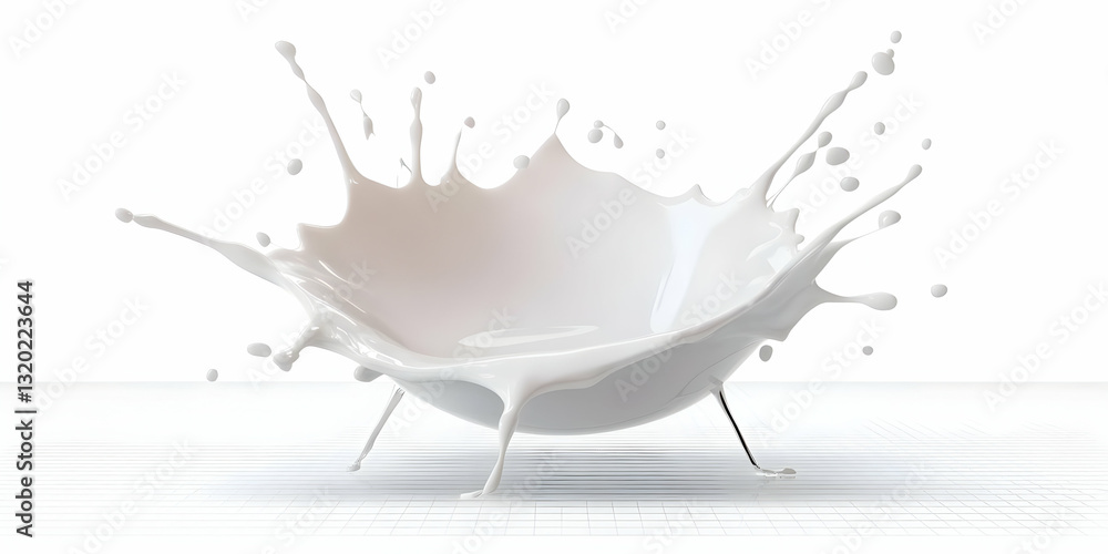 Poster 3d render of a milk splash creating an abstract form on a gridded surface
