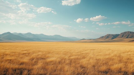 Fototapeta premium Vast open landscape featuring golden fields under a blue sky
