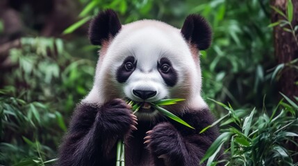 Giant panda eating bamboo in a lush green forest generative ai