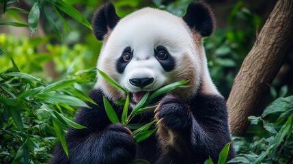 Obraz premium Giant panda eating bamboo in a lush green forest generative ai