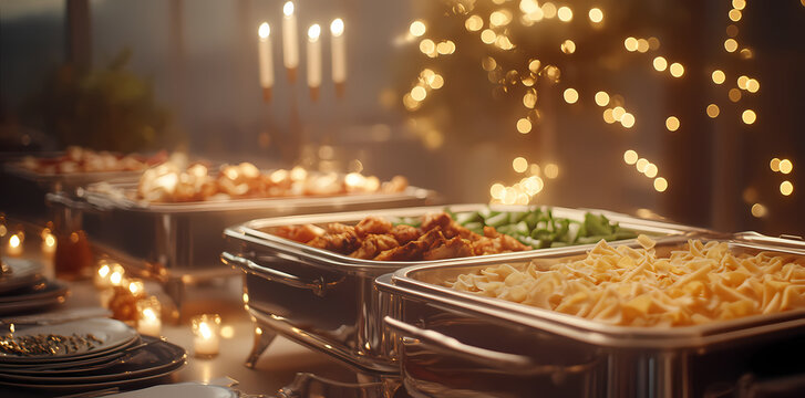 Festive Feast Presentation: A beautifully arranged buffet spread, adorned with a delectable array of food options, from roasted poultry to pasta. The candle lights and warm.