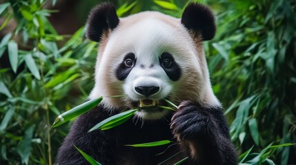 Obraz premium Giant panda eating bamboo in a lush green forest generative ai