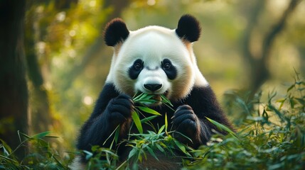 Giant panda eating bamboo in a lush green forest generative ai