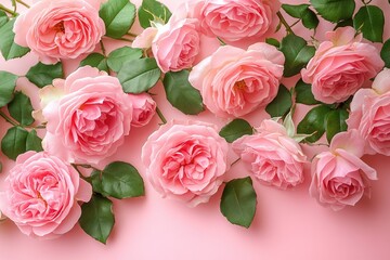 Elegant arrangement of pink roses and leaves perfect for backgrounds or floral themes
