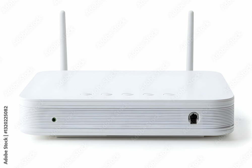 Poster white wireless router with external antennas, providing high-speed internet access for home network 