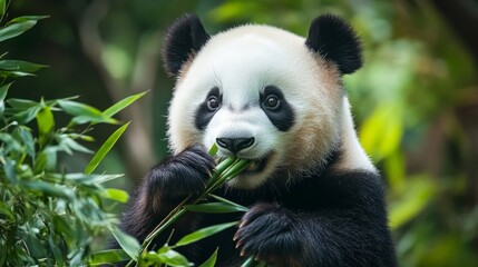 Obraz premium Giant panda eating bamboo in a lush green forest generative ai