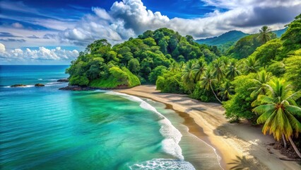 Tropical paradise with turquoise ocean and lush greenery surrounding Uvita Beach in Costa Rica, nature