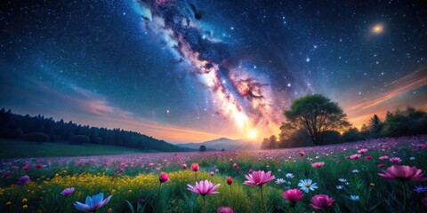 Serene Night Countryside with Blooming Flowers Under a Starry Sky , starry sky