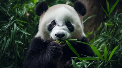 Fototapeta premium Giant panda eating bamboo in a lush green forest generative ai