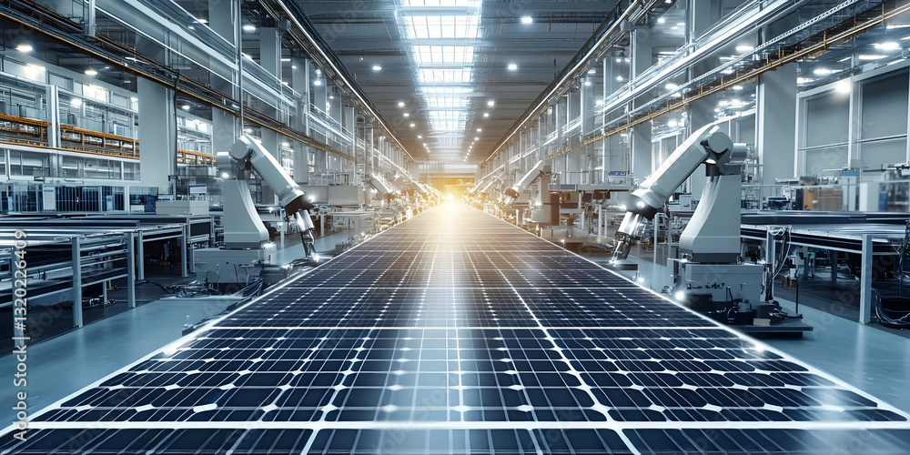 Poster automated assembly line produces solar panels in modern factory setting