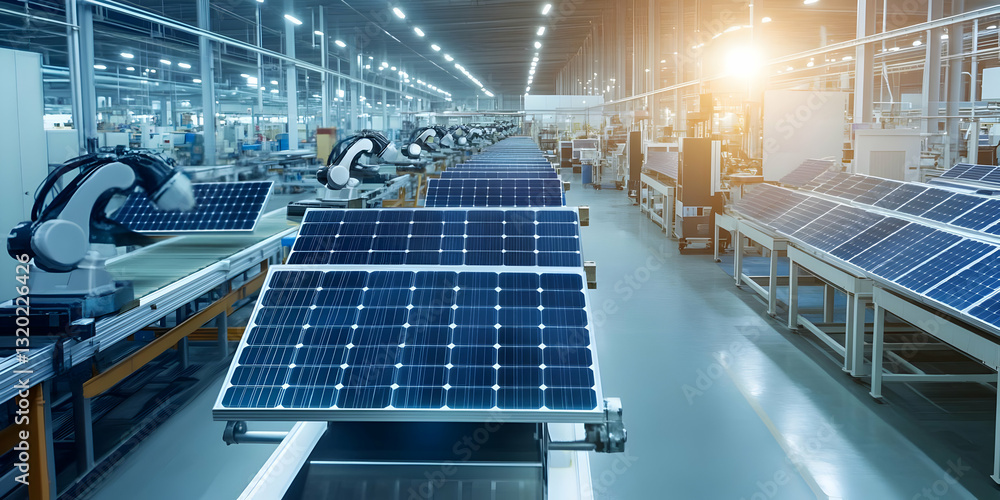 Poster automated assembly line produces solar panels in a modern factory setting