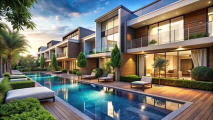 Fototapeta premium Modern luxurious townhouse with private garden and pool in upscale residential community , modern architecture, outdoor pools
