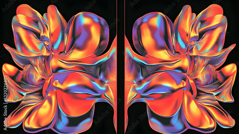 Poster abstract 3d render of iridescent, fluid forms in vivid orange and blue hues, creating a mirrored, sy