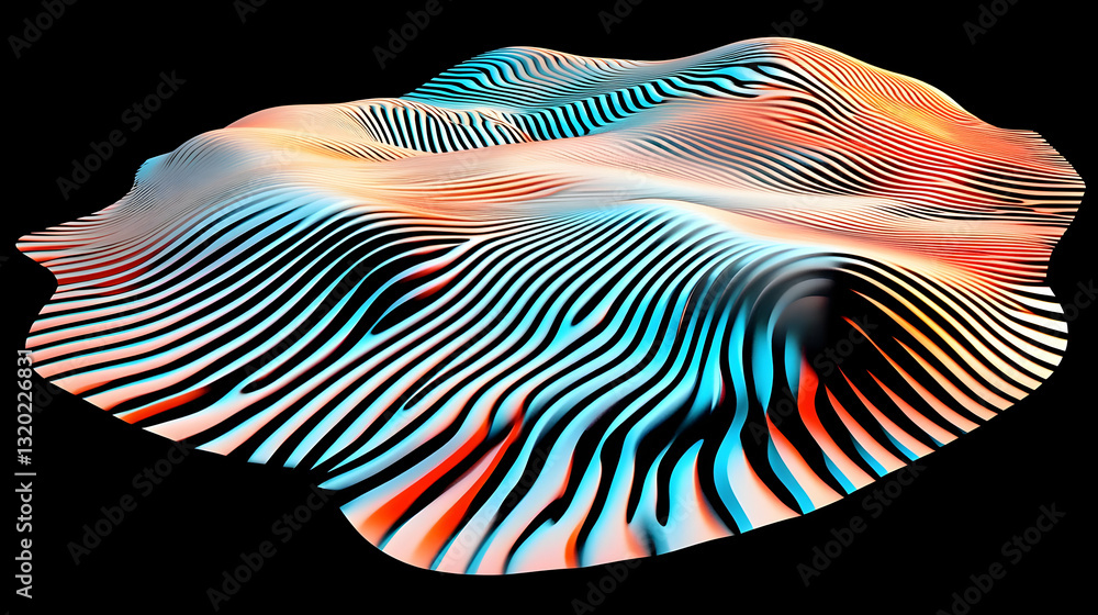Poster abstract 3d render of a wave-like surface with striped pattern, vivid color gradient, and dynamic fo