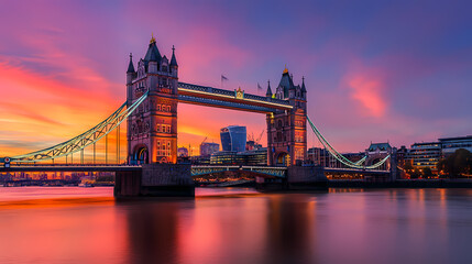 Obraz premium Tower Bridge Sunset: The iconic Tower Bridge stands majestically against a stunning sunset backdrop, reflecting beautifully on the calm waters of the river.