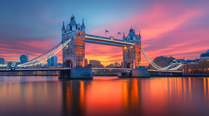 Obraz premium Tower Bridge's Twilight Spectacle: The iconic Tower Bridge of London stands majestically against a backdrop of a vibrant sunset, its architecture reflected in the serene waters.