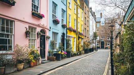 Obraz premium Colorful Street with Flower Boxes for Holiday Cheer