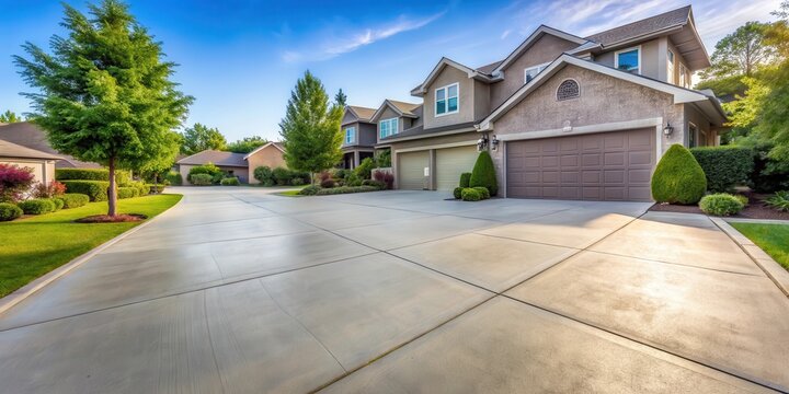A smooth concrete driveway in a suburban neighborhood with trees and houses , yards, suburban,  yards