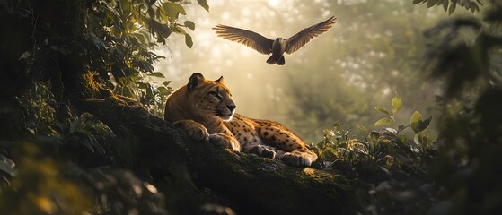 Serene Animal Resting Peacefully in Its Natural Habitat as a Graceful Bird Soars Above