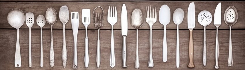 Collection of Various Kitchen Utensils Displayed on Wooden Surface, Featuring Spoons, Forks, Knives, and Serving Tools in Different Sizes and Shapes